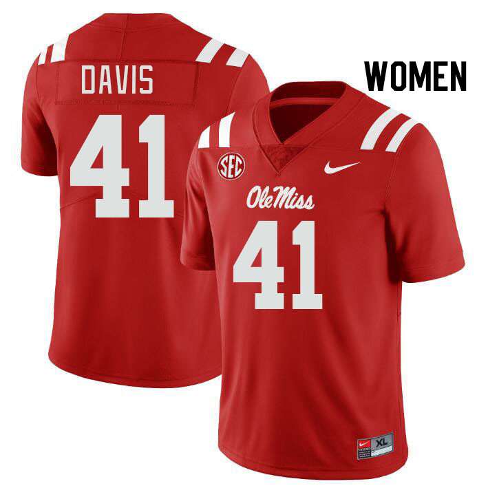 Women #41 Caden Davis Ole Miss Rebels College Football Jerseys Stitched Sale-Red - Click Image to Close